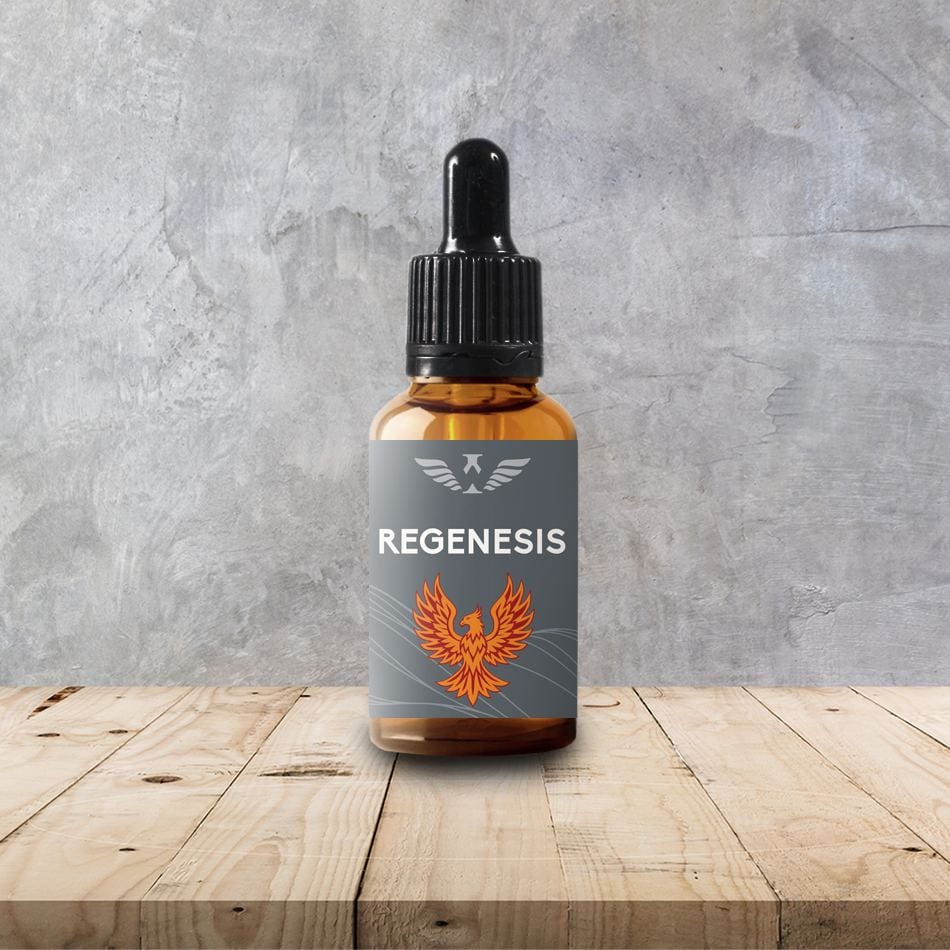 Rejuvenating wellness serum with Regenesis branding and phoenix logo.