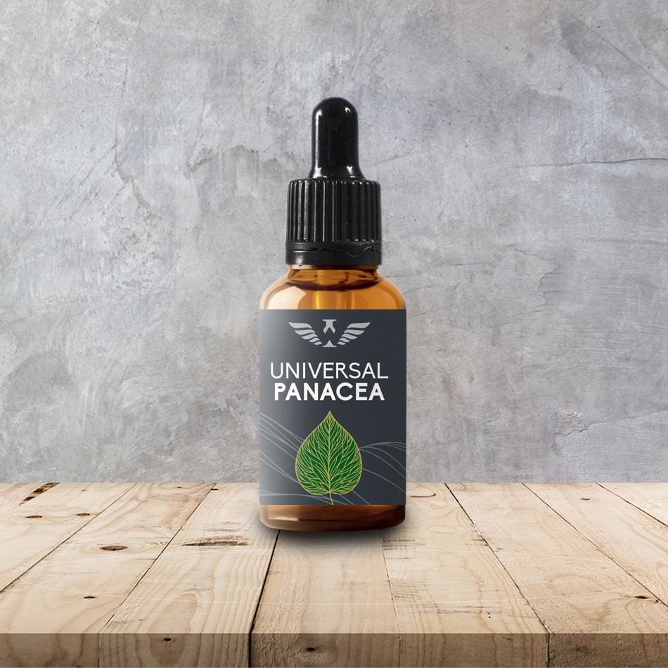 Universal Panacea herbal extract in a glass dropper bottle on wooden surface.